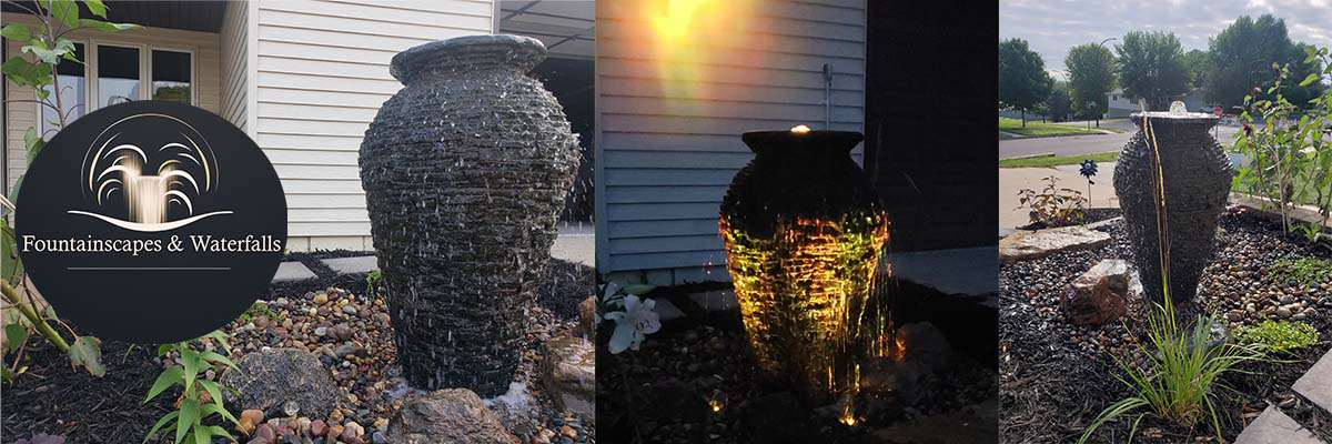 Three stacked slate urns page header Web page header featuring three photos of a stacked slate urn fountain.
