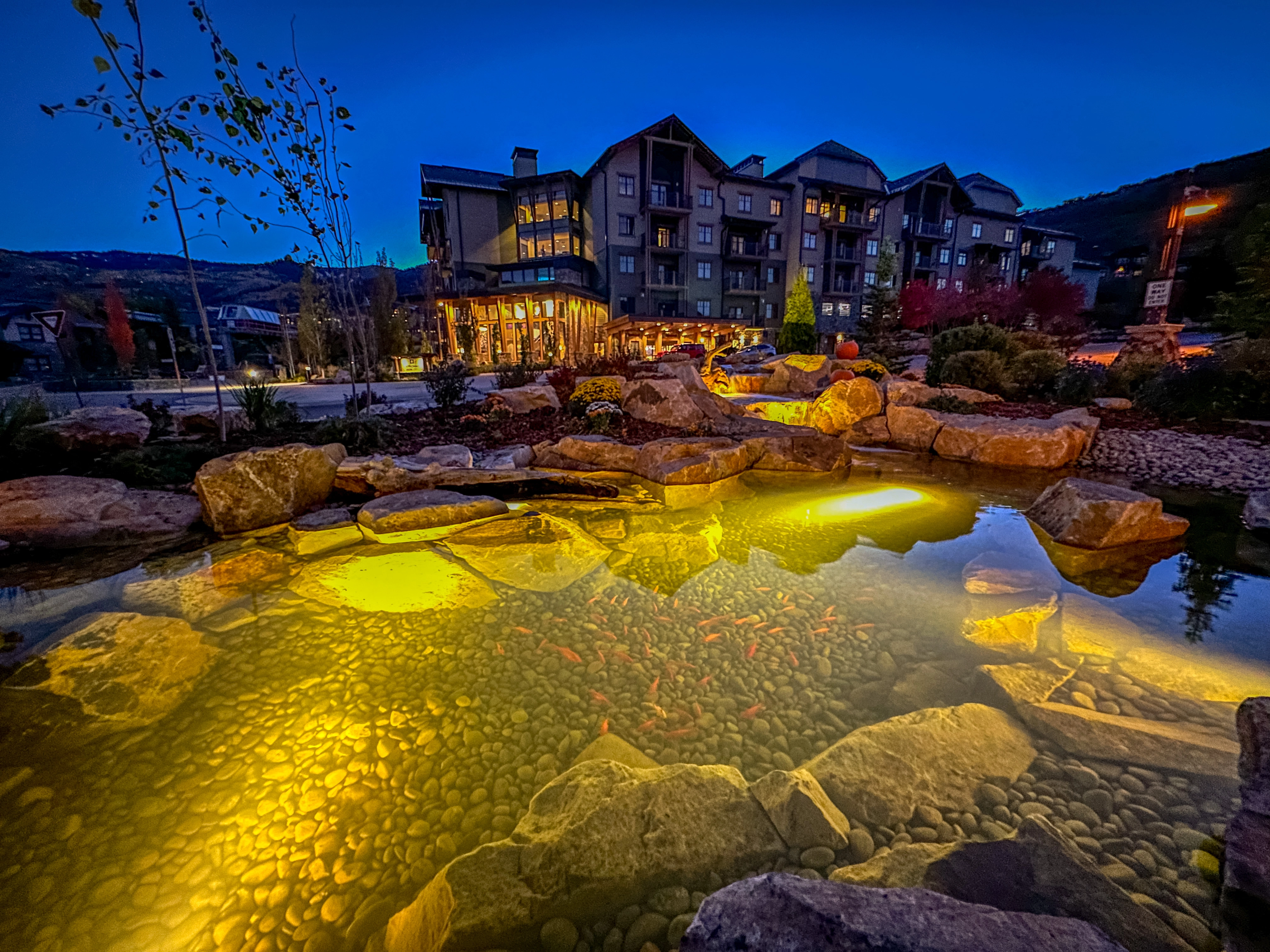 Pond and waterfall with nighttime lighting near outdoor living space in Belle Plaine Minnesota