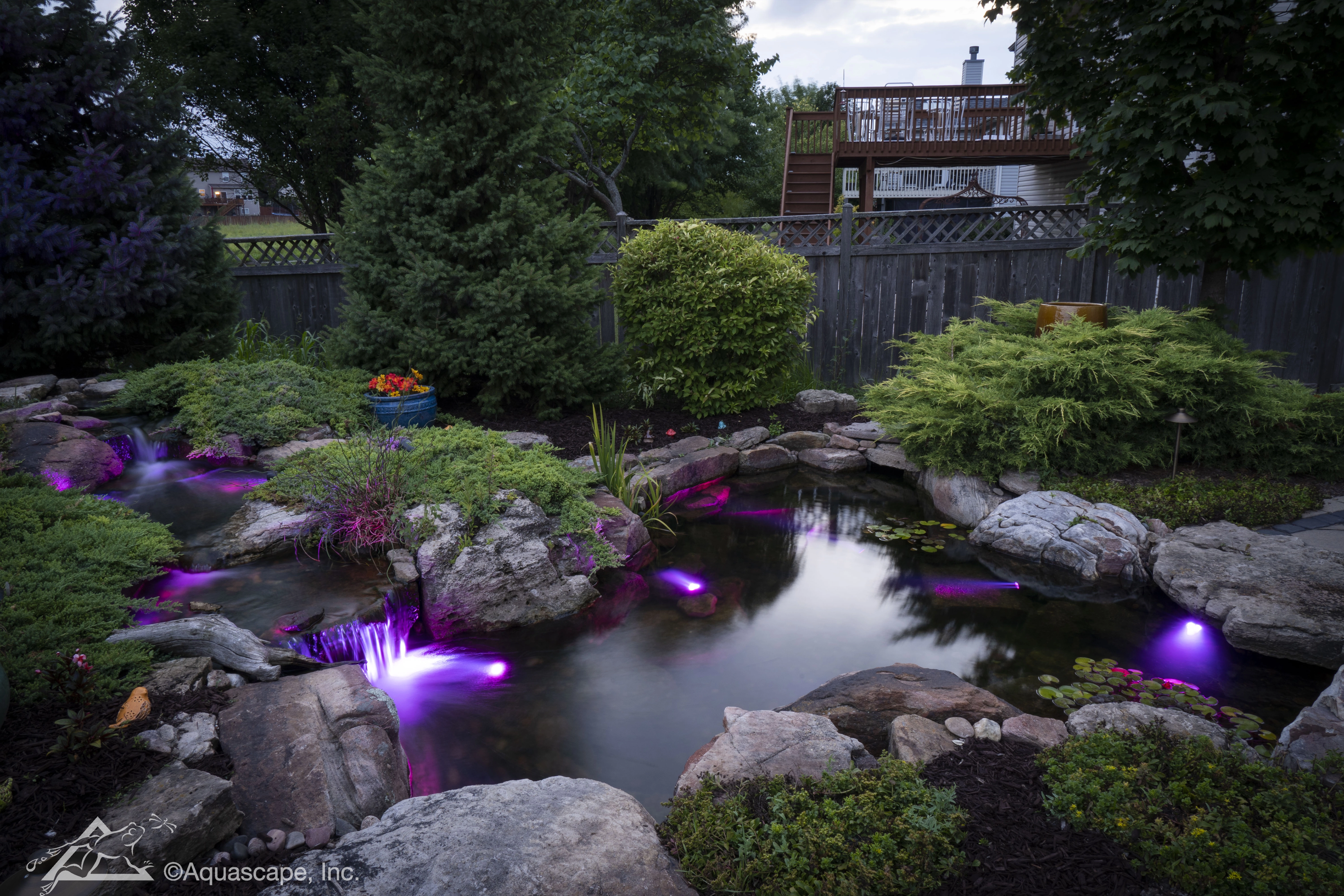 Backyard pond with color-changing water feature lighting in Burnsville Minnesota