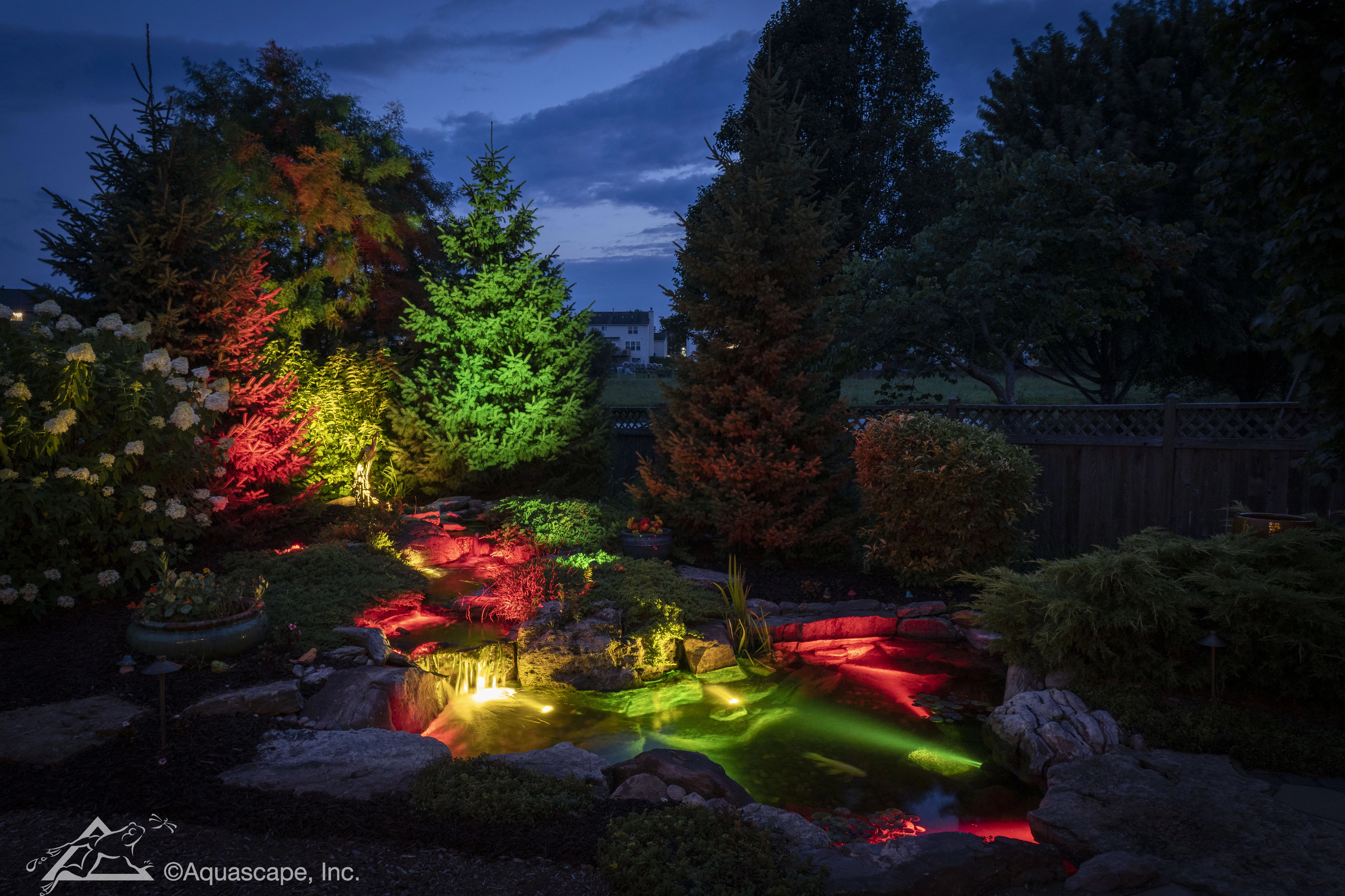 Summer night ecosystem pond lighting for a Greenwood Minnesota backyard
