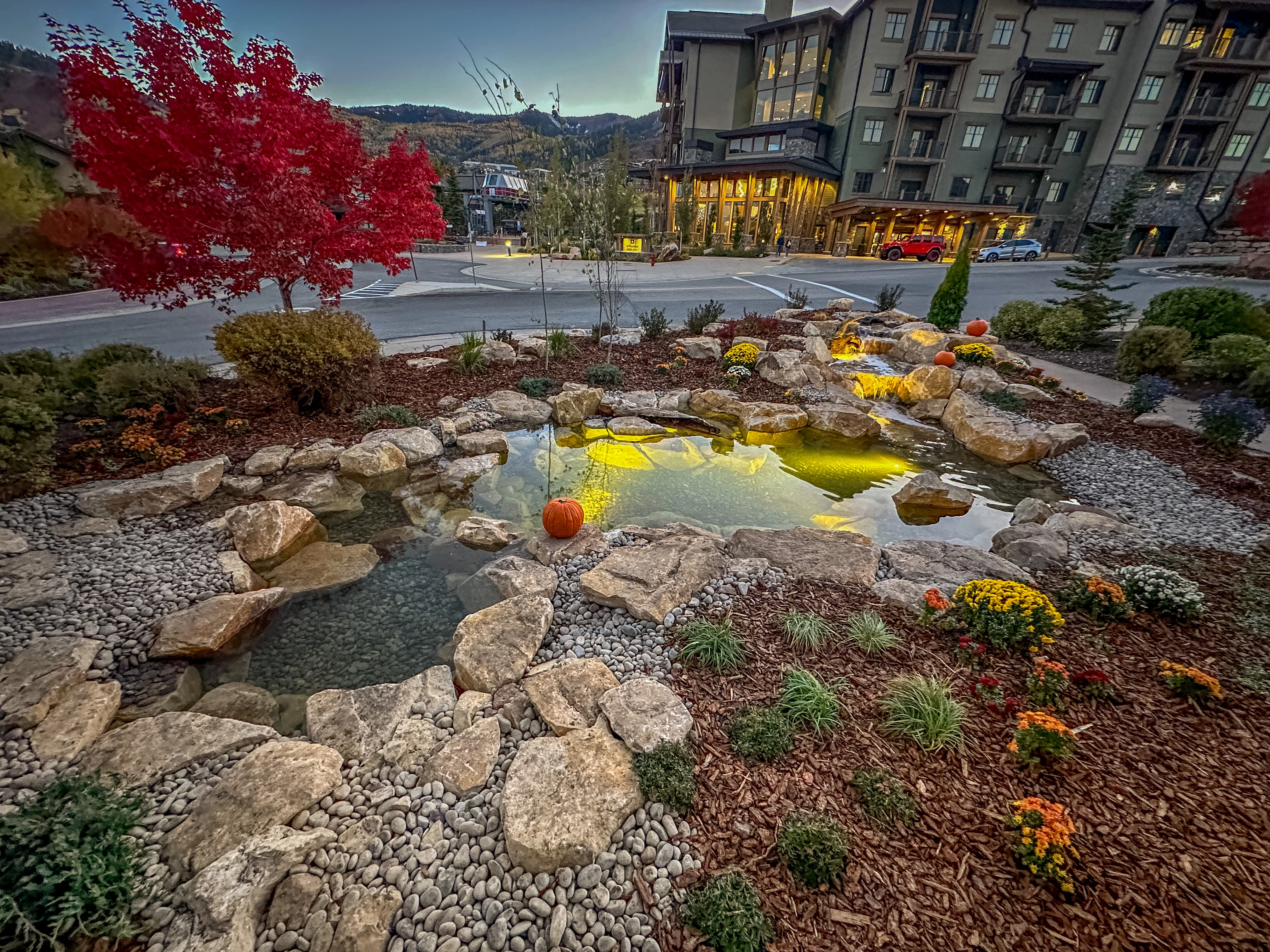 Finished backyard water feature in Minnesota landscape