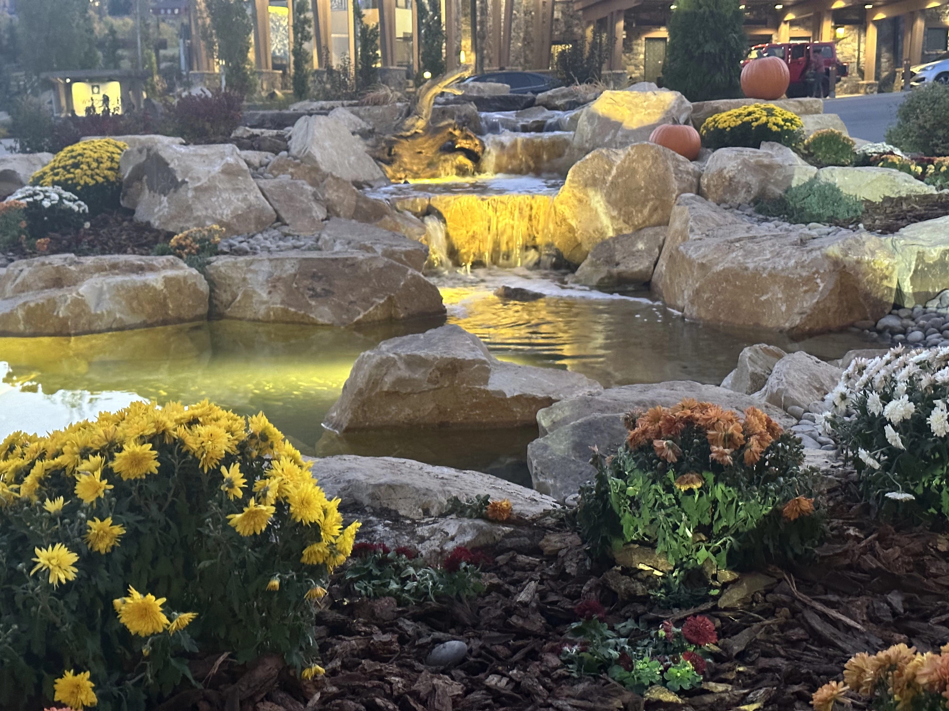 Ecosystem waterfall lighting at night in Plymouth Minnesota