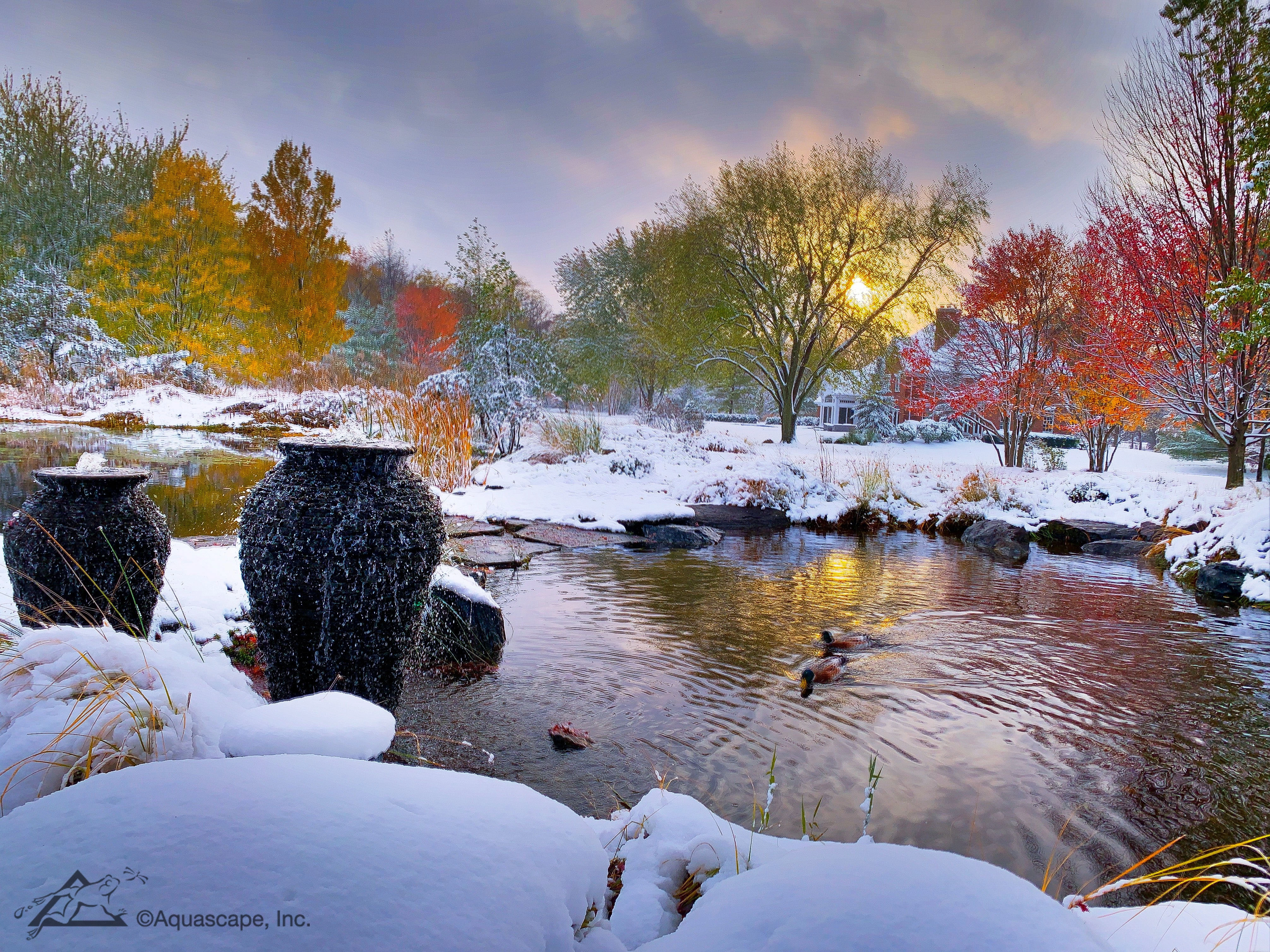 Winter ecosystem pond with fountains near Tonka Bay Minnesota